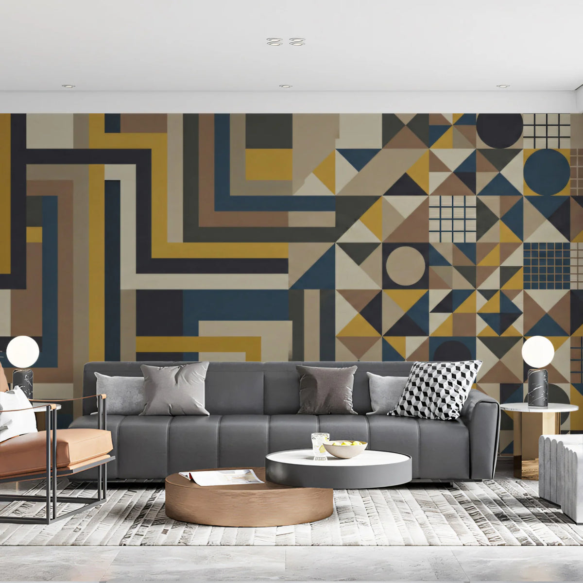 Mid-Century Geometric Maze Mural Wallpaper in Retro Tones Mural Wallpaper - room preview 02