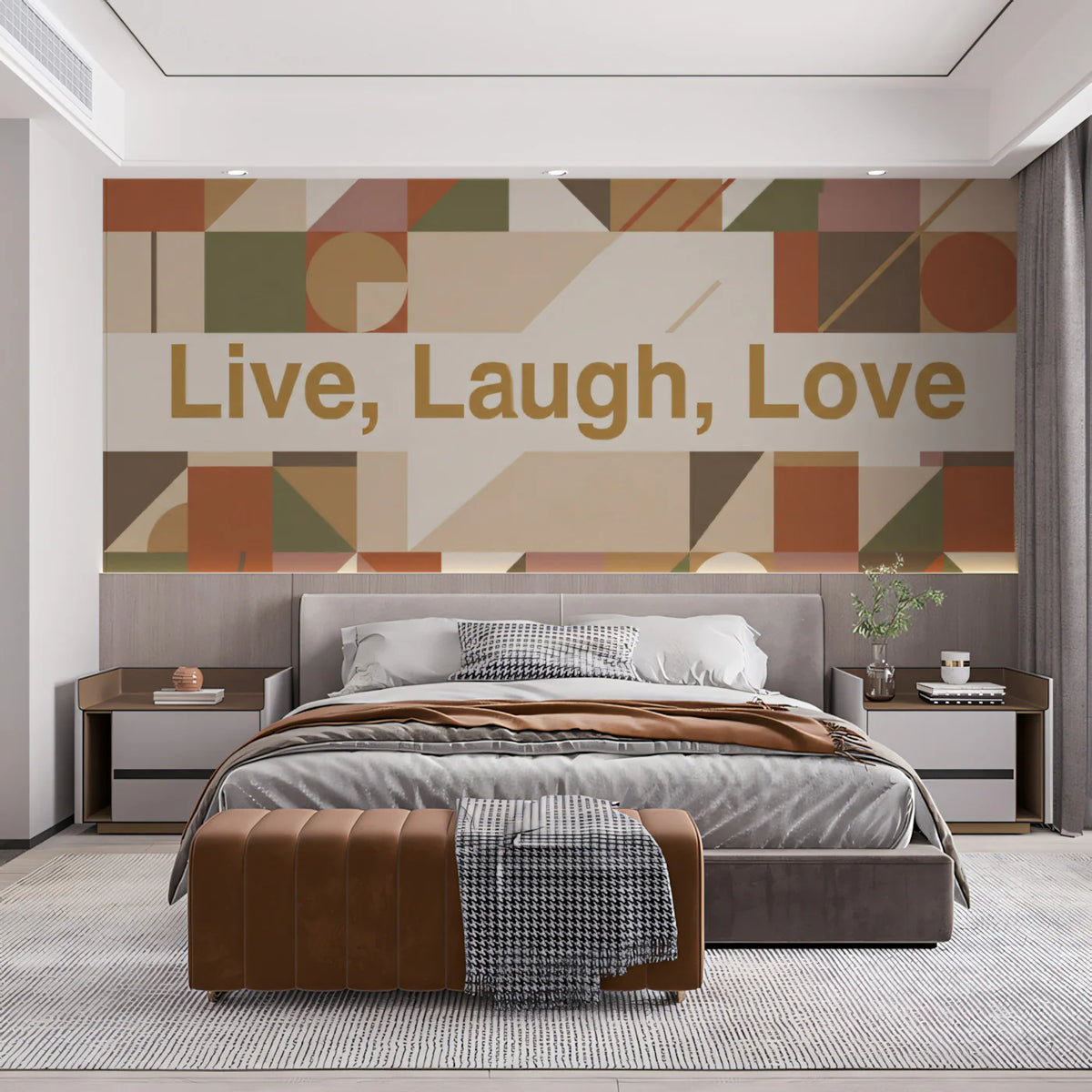 Geometric Typography Mural Wallpaper — Modern Earthy Patchwork Mural Wallpaper - room preview 02