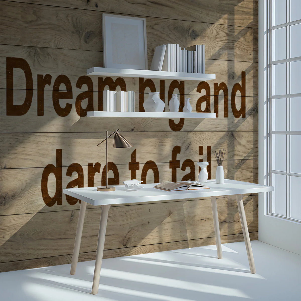 Dream Big Typography Mural Wallpaper — Rustic Wood Grain Design Mural Wallpaper - room preview 02