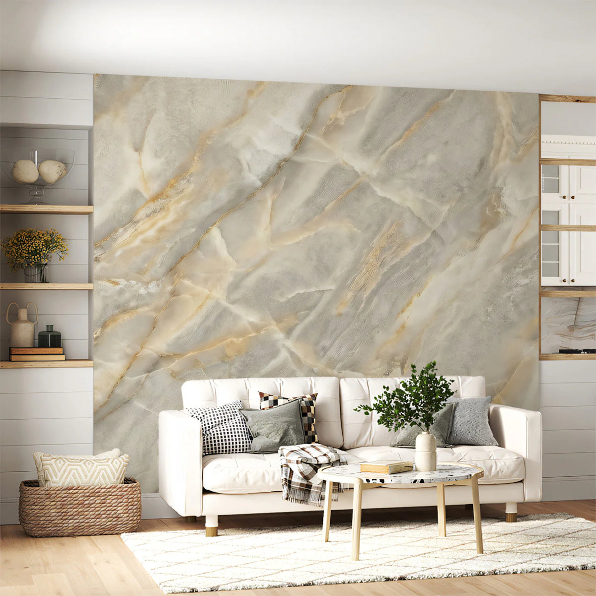 Grey and Gold Marble Mural Wallpaper — Sophisticated Stone Design Mural Wallpaper - room preview 02