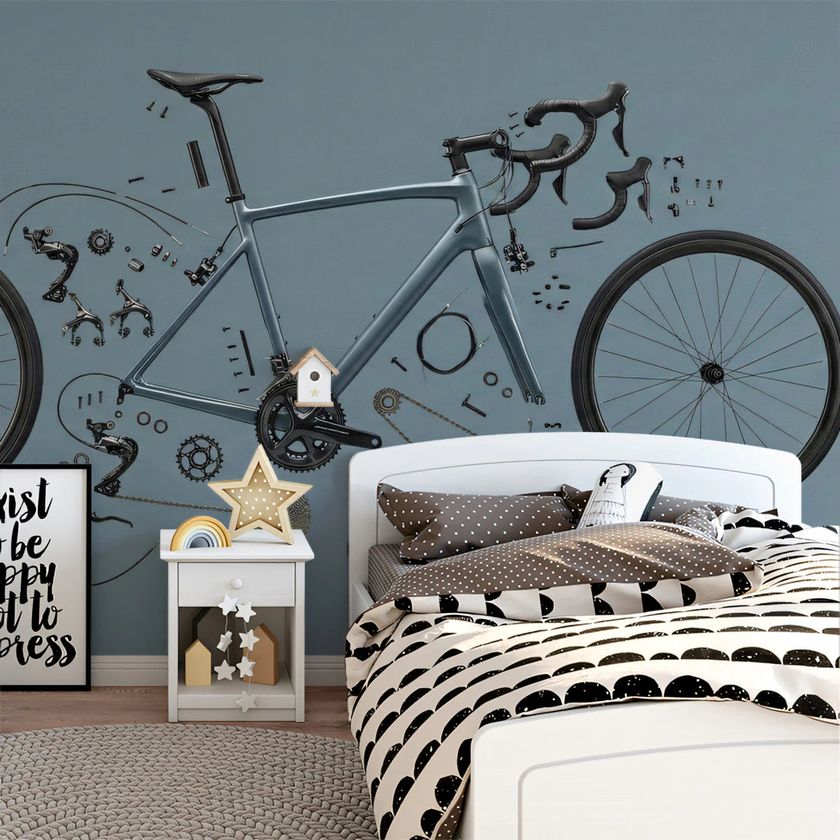 Exploded Bicycle Components Mural Wallpaper — Industrial Flat Lay Mural Wallpaper - room preview 02