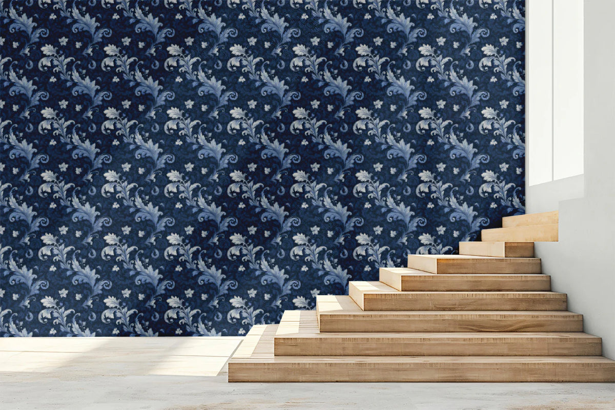 Navy Blue Acanthus Scroll Mural Wallpaper — Traditional Baroque Style Mural Wallpaper - room preview 02