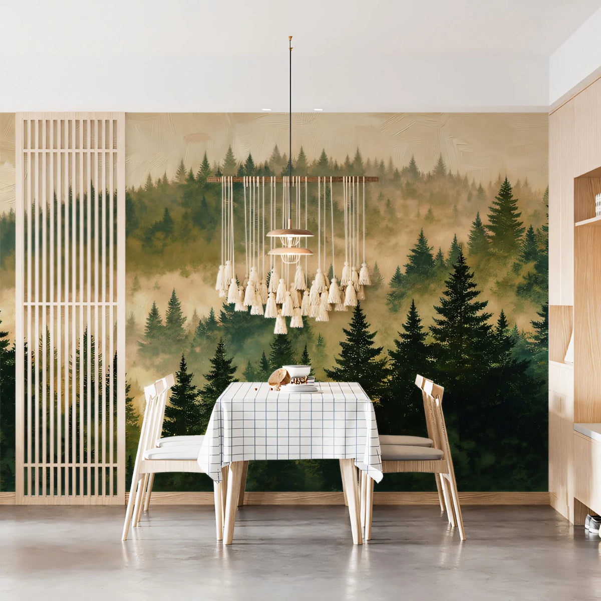 Misty Evergreen Forest Mural Wallpaper — Impressionistic Landscape Mural Wallpaper - room preview 02