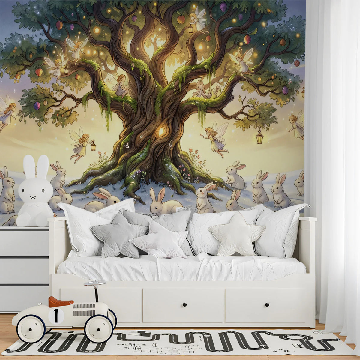 Winter Fairy Tree and Rabbits Mural Wallpaper — Whimsical Storybook Mural Wallpaper - room preview 02