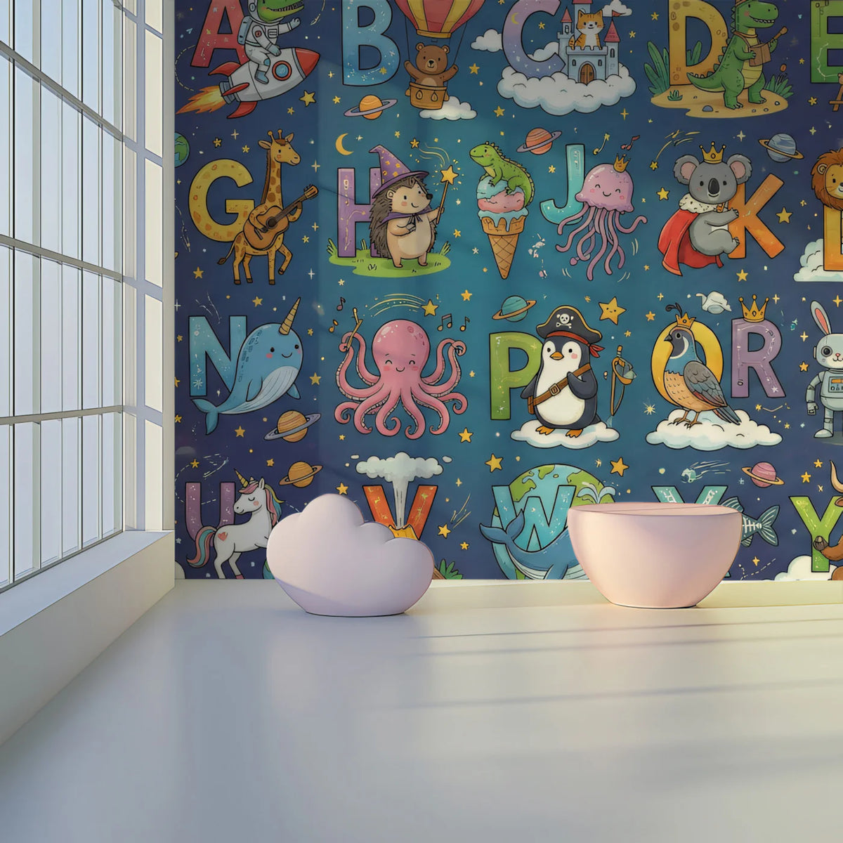 Cosmic Alphabet Animal Mural Wallpaper — Whimsical Educational Design Mural Wallpaper - room preview 02