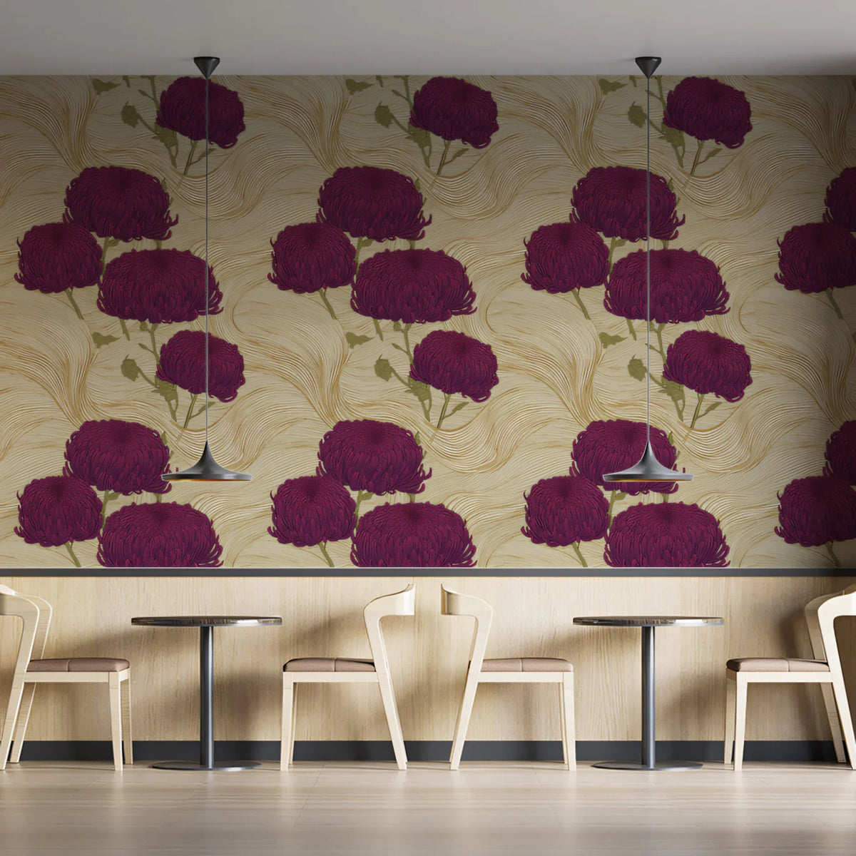Vintage Chrysanthemum Wave Mural Wallpaper — Floral Wall Art Mural Wallpaper - room preview 02
