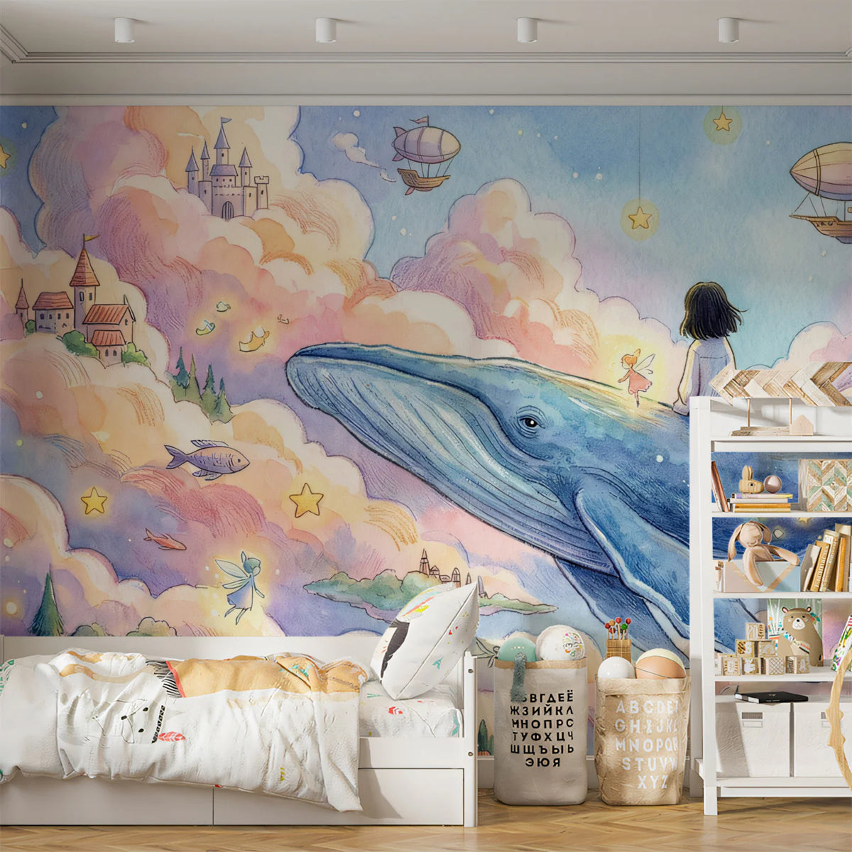 Flying Whale and Floating Castle Mural Wallpaper — Storybook Fantasy Mural Wallpaper - room preview 02