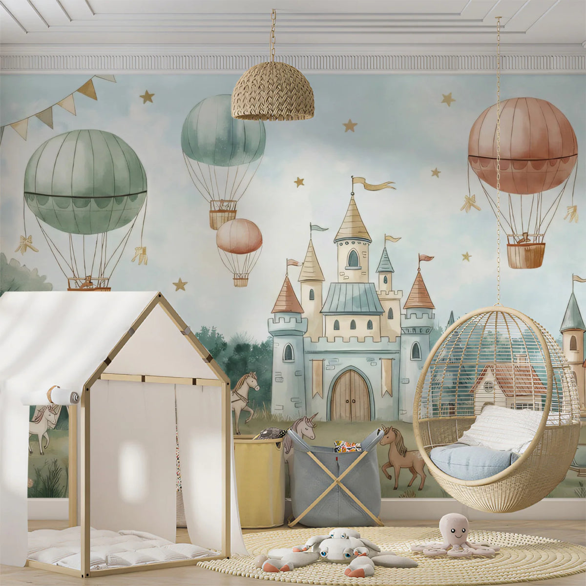 Watercolor Fairytale Castle Mural Wallpaper — Whimsical Landscape Mural Wallpaper - room preview 02