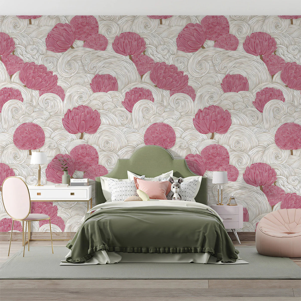 Pink Botanical Wave Mural Wallpaper — Asian Inspired Floral Design Mural Wallpaper - room preview 02