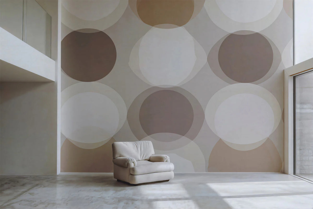 Overlapping Circles Mural Wallpaper — Soft Neutral Mid-Century Style Mural Wallpaper - room preview 02