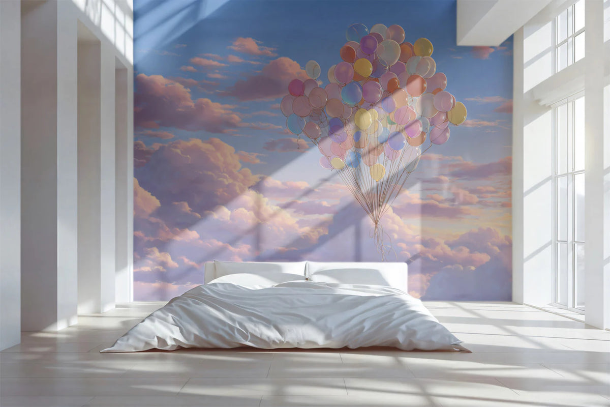 Floating Balloon Bunch Mural Wallpaper — Whimsical Sky Design Mural Wallpaper - room preview 02