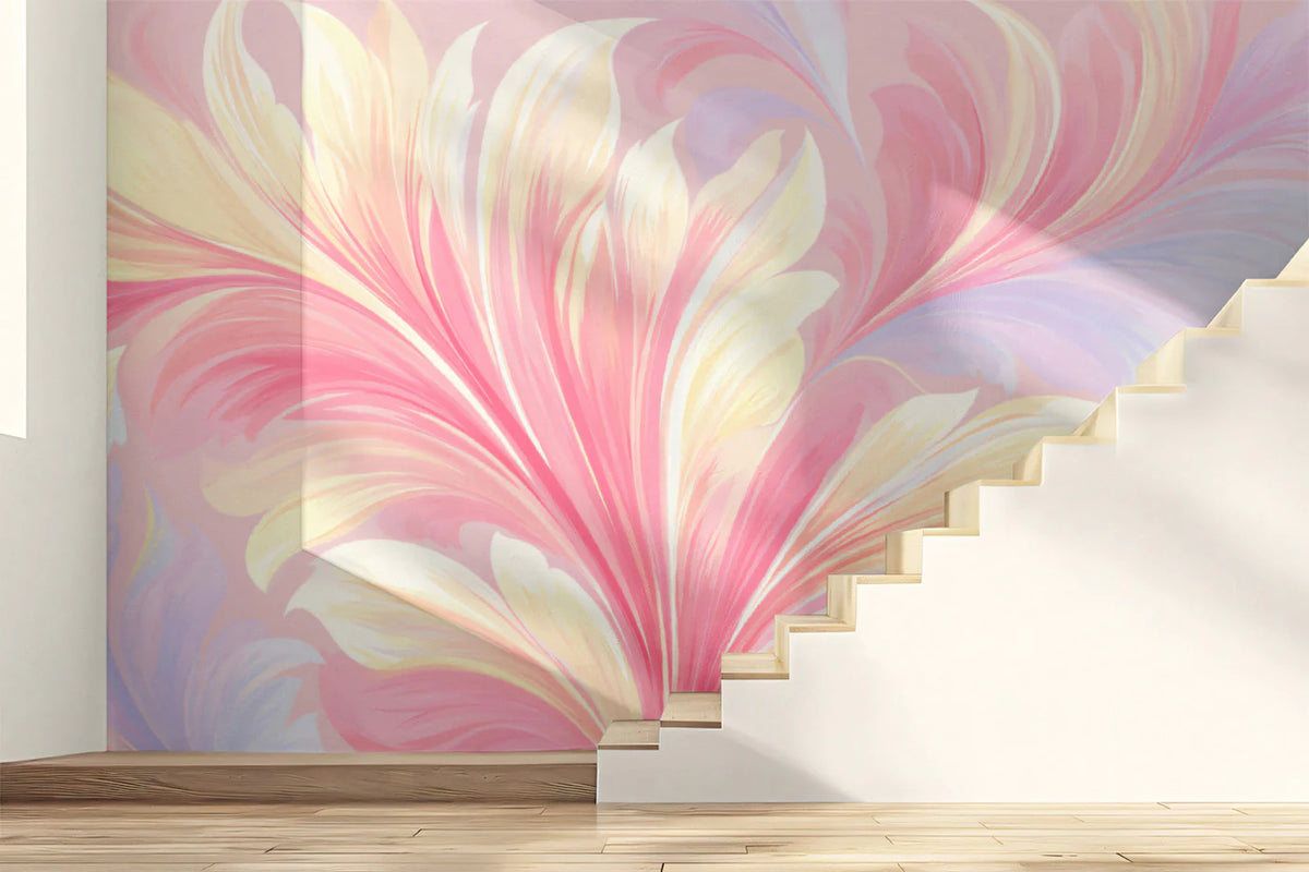 Ethereal Pastel Floral Swirl Mural Wallpaper — Soft Fluid Art Mural Wallpaper - room preview 02