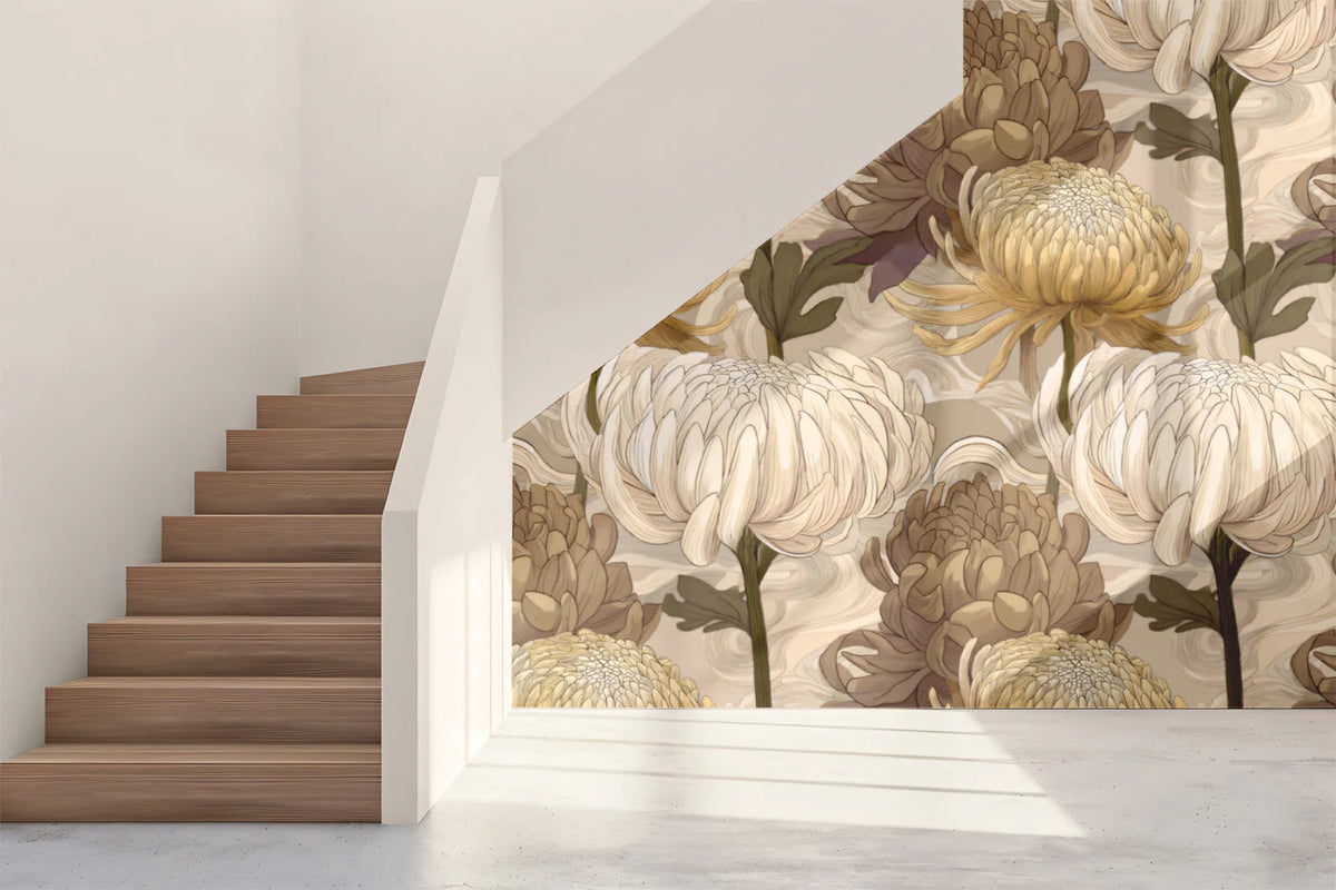 Oriental Chrysanthemum Floral Mural Wallpaper — Vintage Style Mural Wallpaper - room preview 02