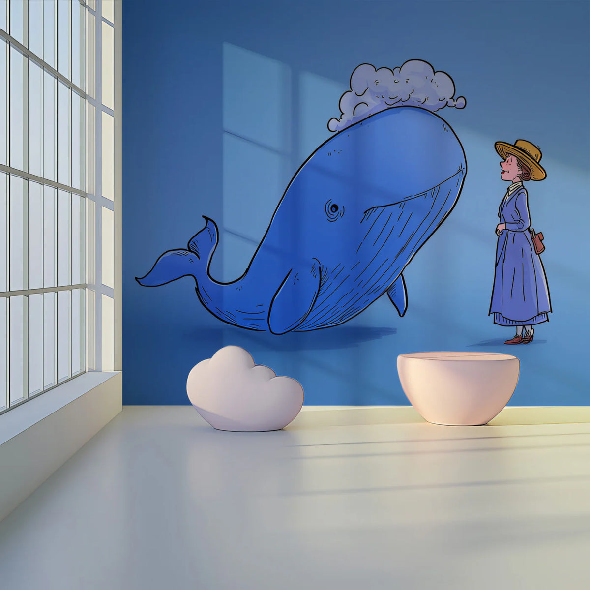 Lady and the Whale Mural Wallpaper — Whimsical Storybook Art Mural Wallpaper - room preview 02