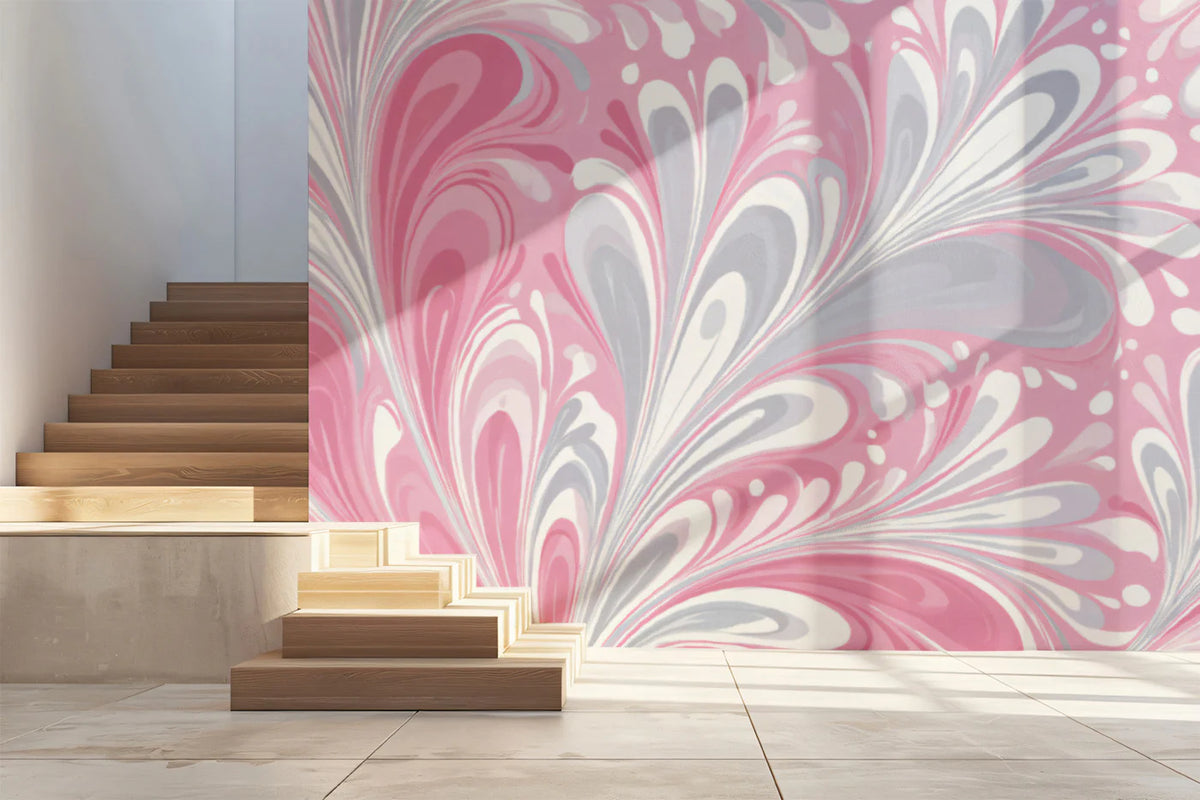 Fluid Marble Swirl Mural Wallpaper — Soft Pink & Grey Abstract Mural Wallpaper - room preview 02
