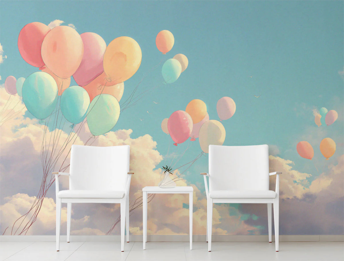 Floating Pastel Balloon Mural Wallpaper —Whimsical Sky Design Mural Wallpaper - room preview 02