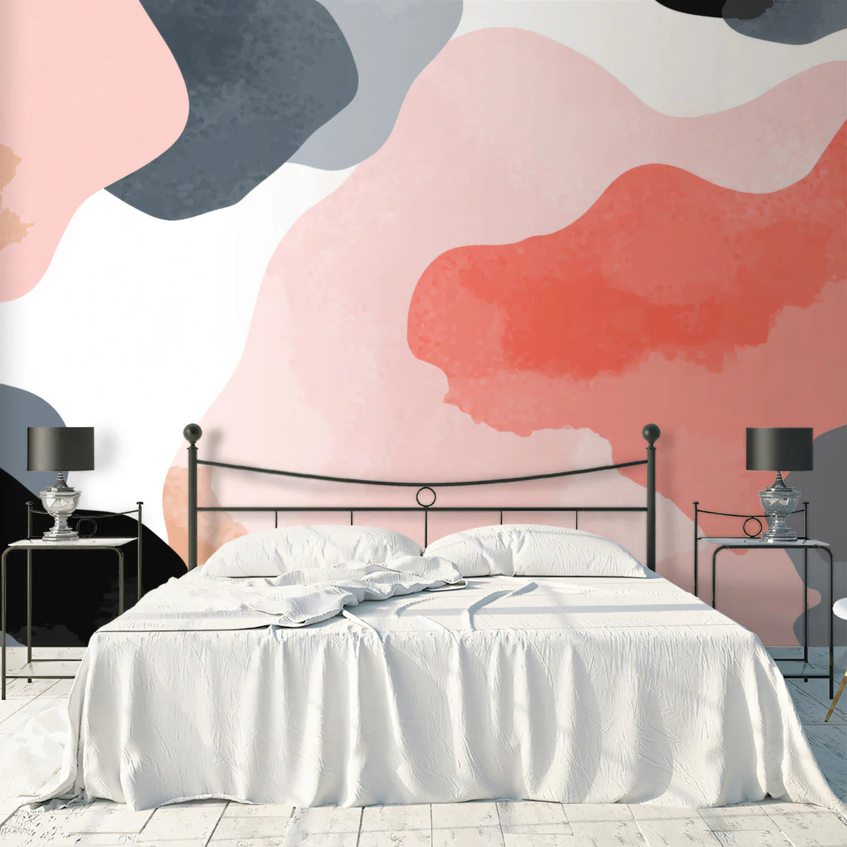 Abstract Watercolor Blob Mural Wallpaper — Coral and Charcoal Mural Wallpaper - room preview 02