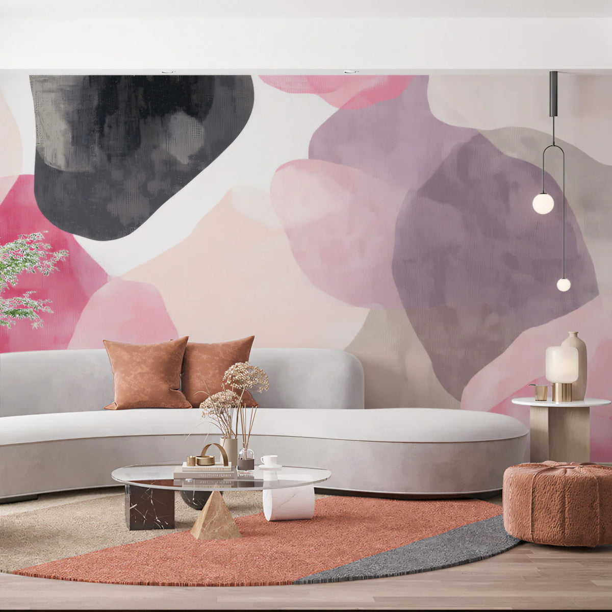 Abstract Collage Mural Wallpaper in Magenta and Charcoal Hues Mural Wallpaper - room preview 02