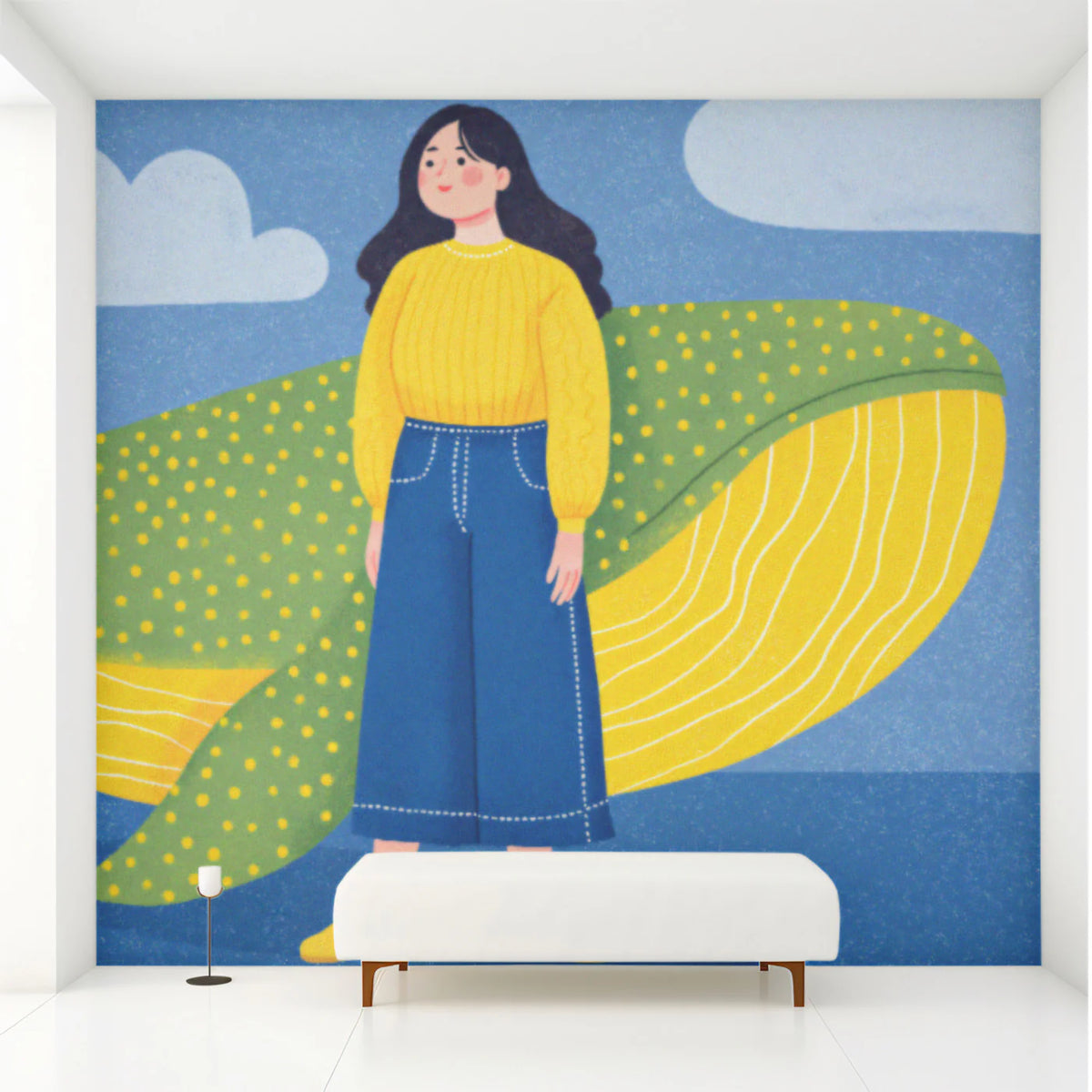 Woman & Spotted Whale Mural Wallpaper — Modern Art Illustration Mural Wallpaper - room preview 02