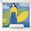 Woman & Spotted Whale Mural Wallpaper — Modern Art Illustration Mural Wallpaper - room preview 02
