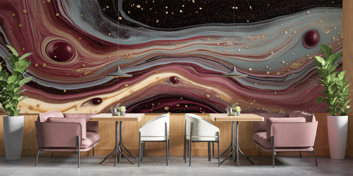 Burgundy and Gold Fluid Marble Mural Wallpaper — Artistic Design Mural Wallpaper - room preview 02