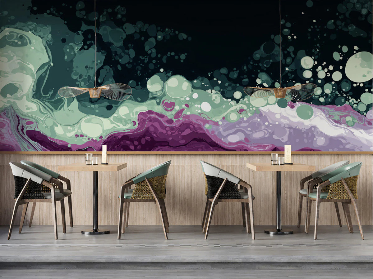 Fluid Acrylic Swirl Mural Wallpaper — Deep Plum and Seafoam Mural Wallpaper - room preview 02