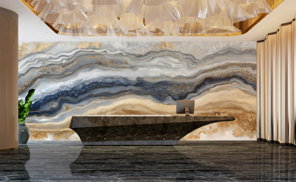Agate Mineral Mural Wallpaper — Gold and Navy Fluid Art Mural Wallpaper - room preview 02