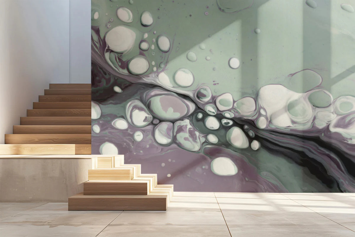 Fluid Cell Abstract Mural Wallpaper — Muted Sage and Lavender Mural Wallpaper - room preview 02