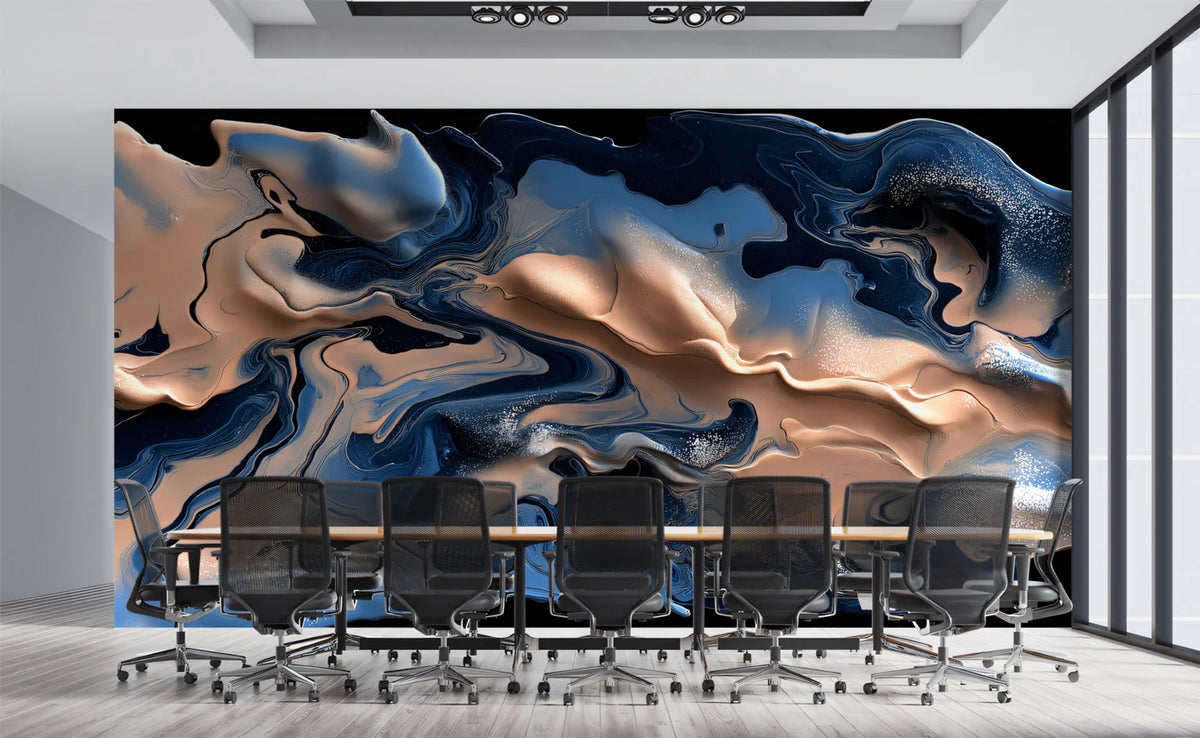 Fluid Smoke Swirl Mural Wallpaper in Nude and Steel Blue Mural Wallpaper - room preview 02