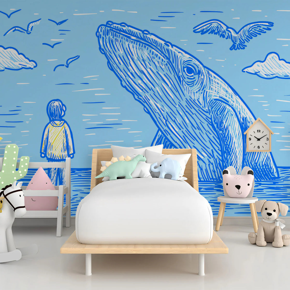 Nautical Whale Sketch Mural Wallpaper — Hand-Drawn Blue Marine Art Mural Wallpaper - room preview 02