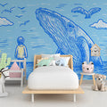 Nautical Whale Sketch Mural Wallpaper — Hand-Drawn Blue Marine Art Mural Wallpaper - room preview 02