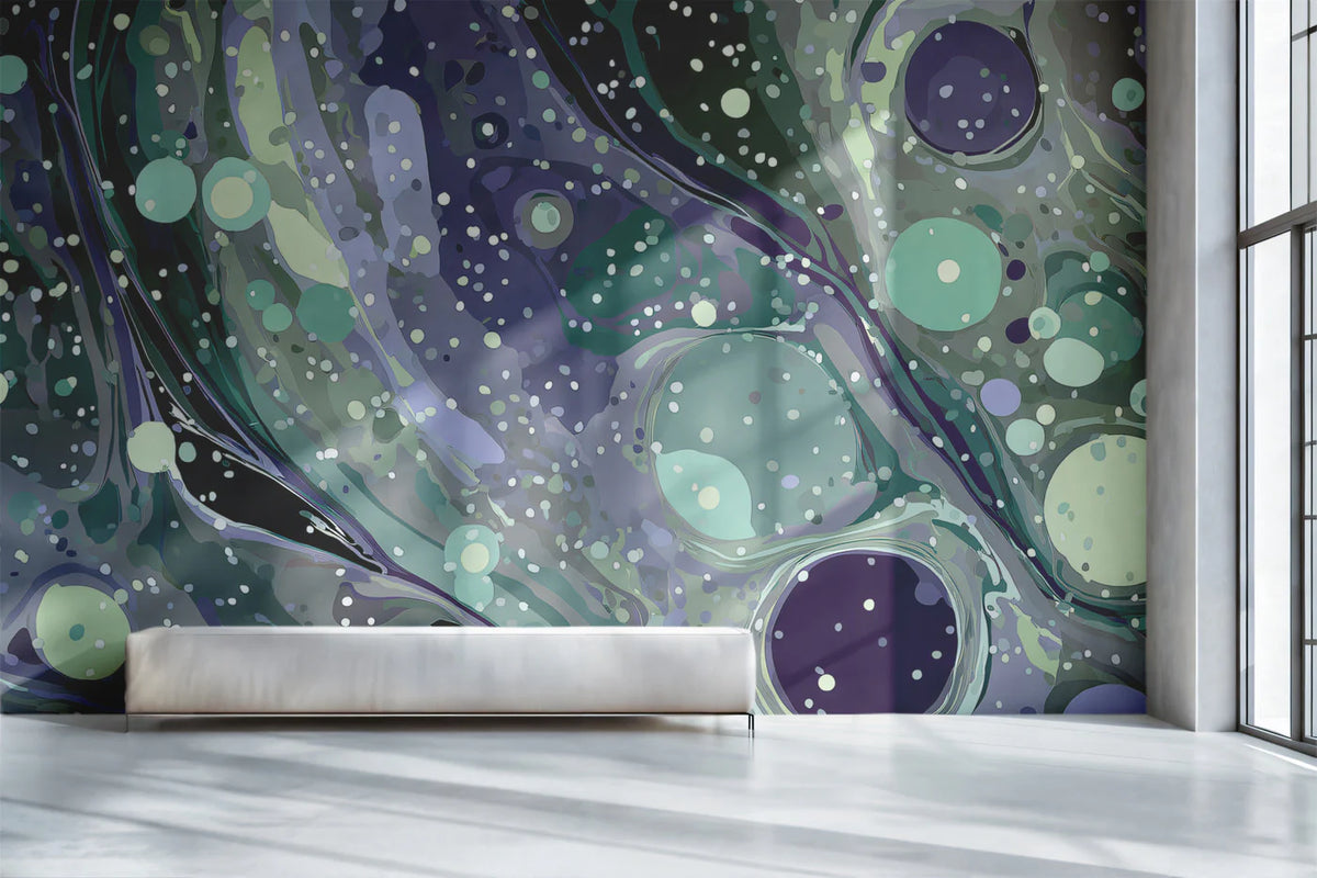 Cosmic Marble Mural Wallpaper — Swirling Purple and Mint Tones Mural Wallpaper - room preview 02