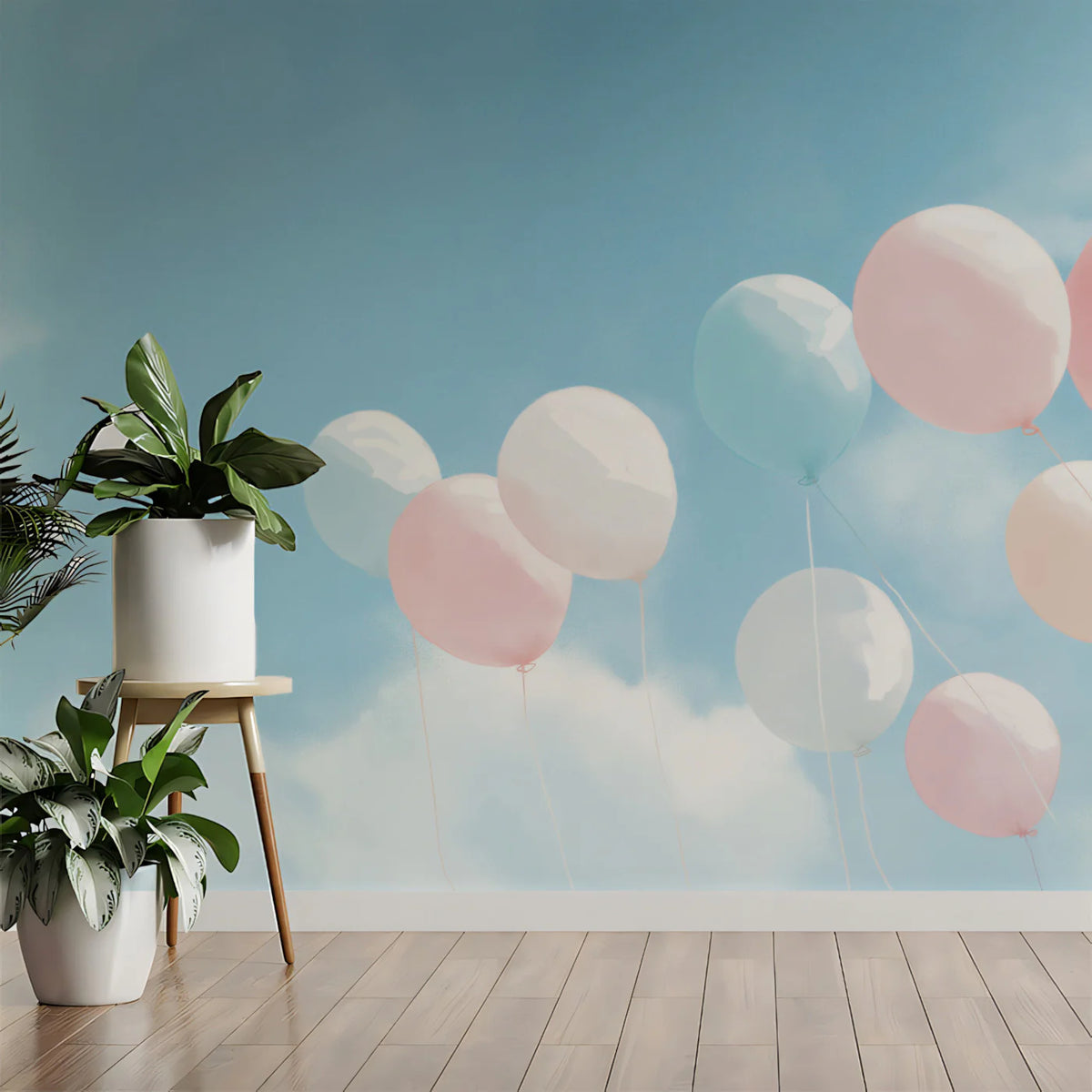 Floating Pastel Balloons Mural Wallpaper — Airy Sky Motif Mural Wallpaper - room preview 02