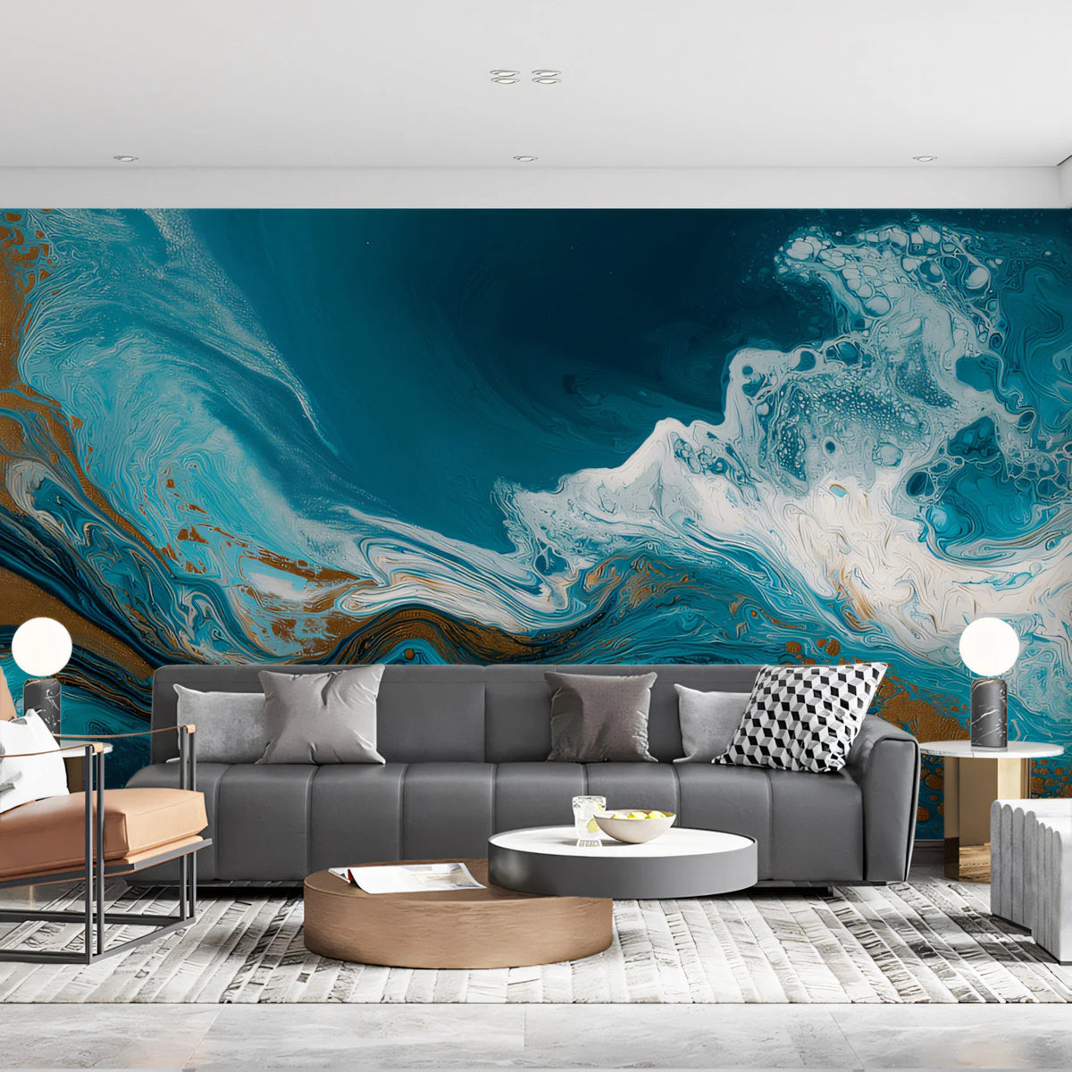 Teal and Gold Fluid Marble Mural Wallpaper — Abstract Wave Art Mural Wallpaper - room preview 02
