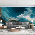 Teal and Gold Fluid Marble Mural Wallpaper — Abstract Wave Art Mural Wallpaper - room preview 02