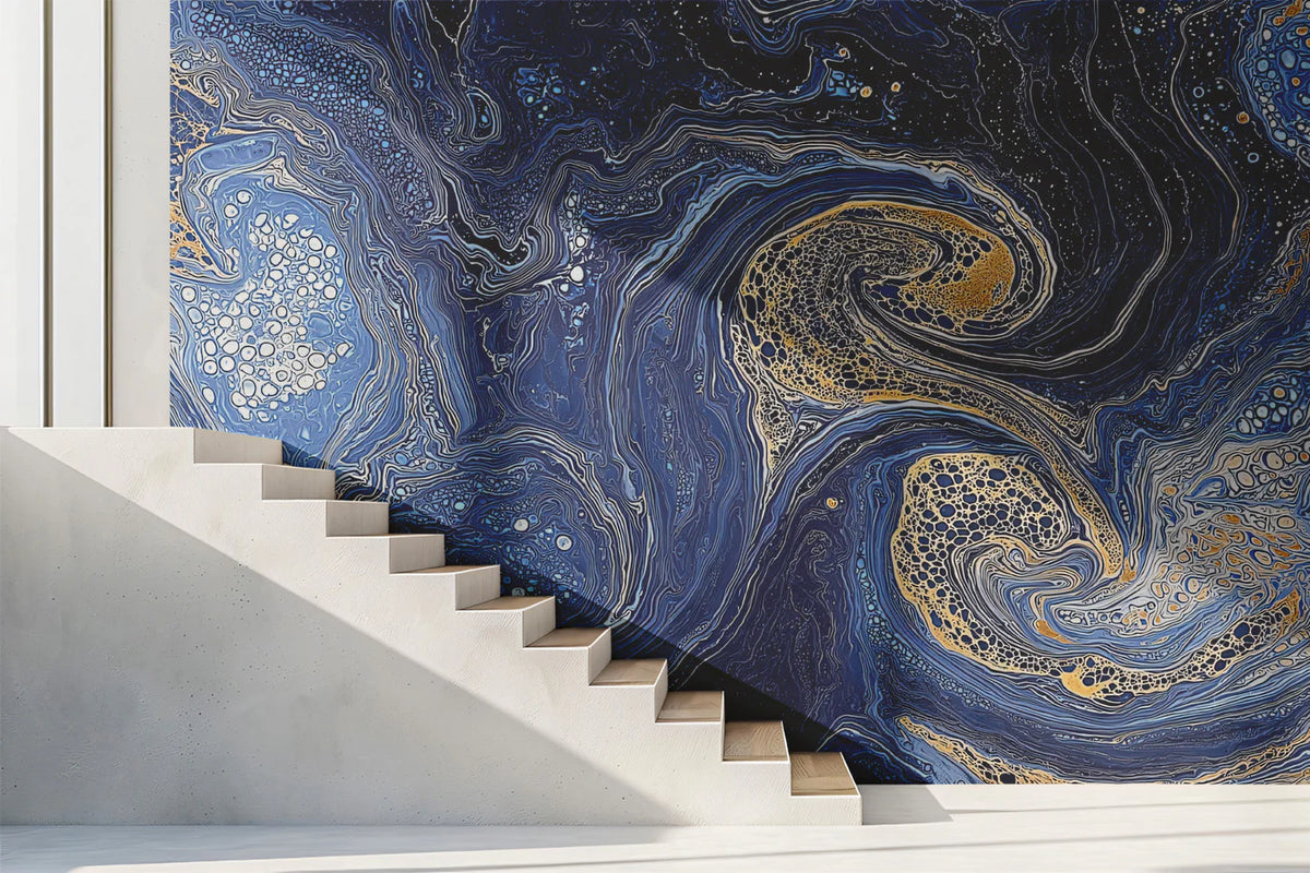 Cosmic Fluid Mural Wallpaper in Navy and Gold Lacing Mural Wallpaper - room preview 02