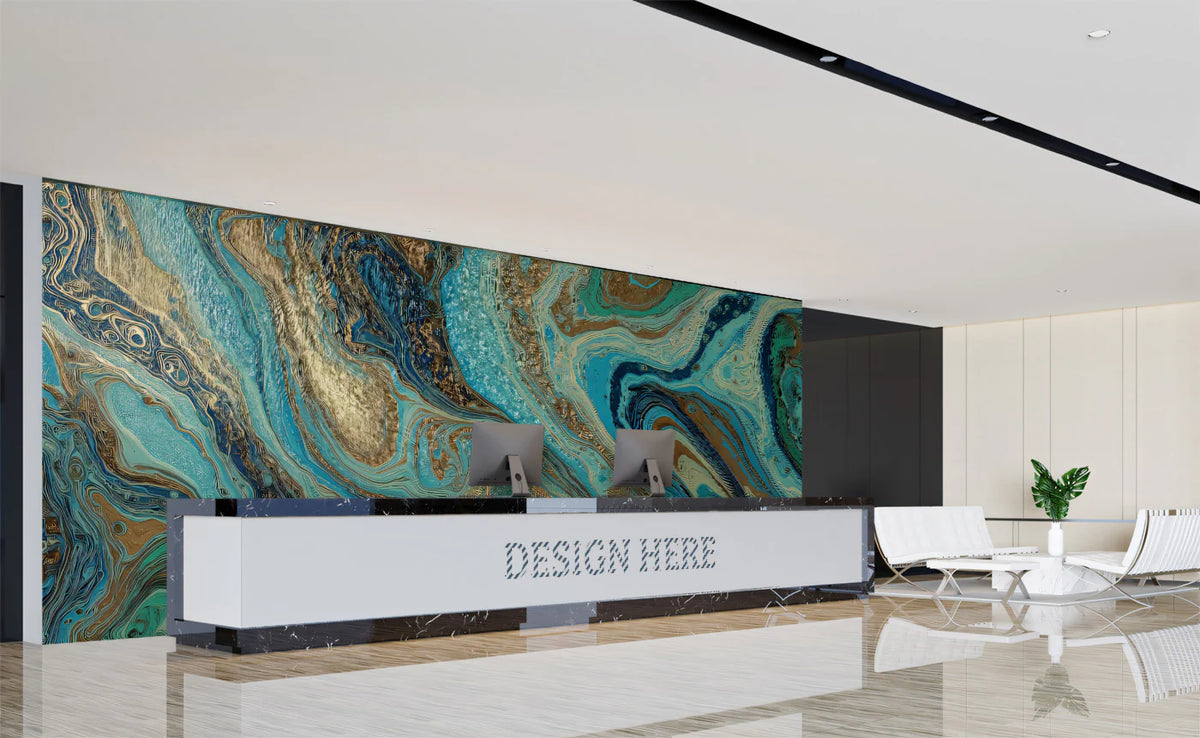 Turquoise and Bronze Fluid Art Mural Wallpaper - room preview 02