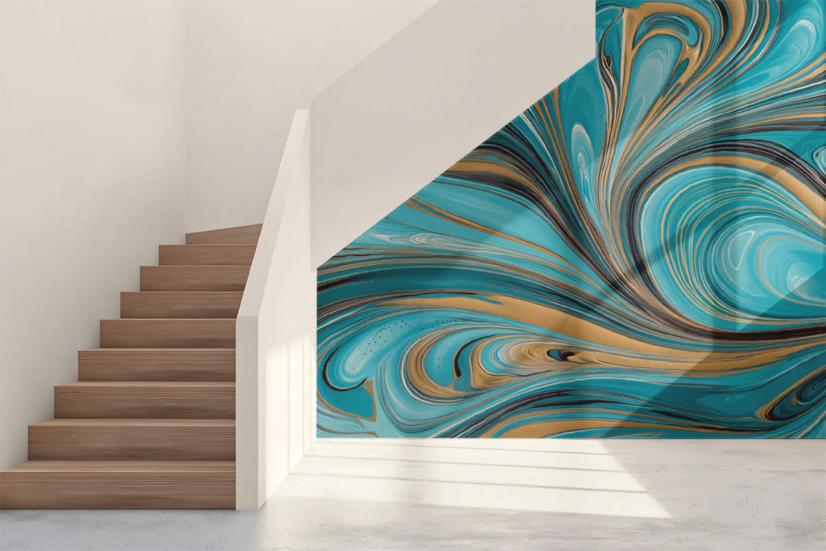 Turquoise and Gold Marble Swirl Mural Wallpaper — Fluid Art Design Mural Wallpaper - room preview 02