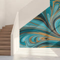 Turquoise and Gold Marble Swirl Mural Wallpaper — Fluid Art Design Mural Wallpaper - room preview 02