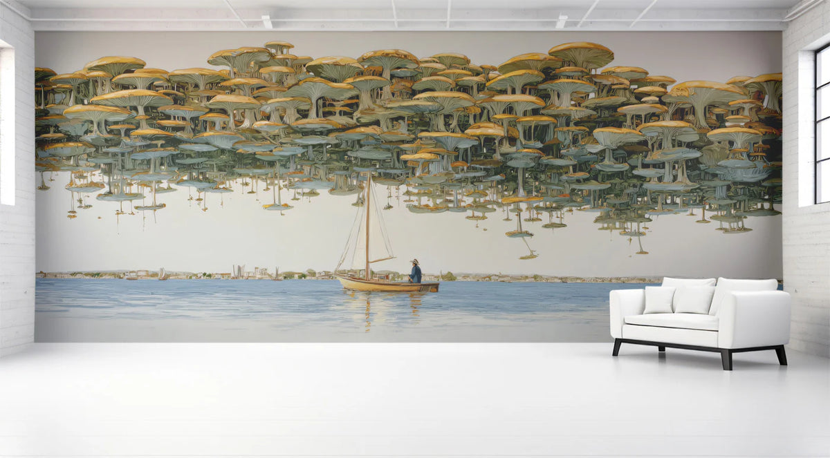 Floating Mushroom Forest Mural Wallpaper — Whimsical Coastal Scene Mural Wallpaper - room preview 02
