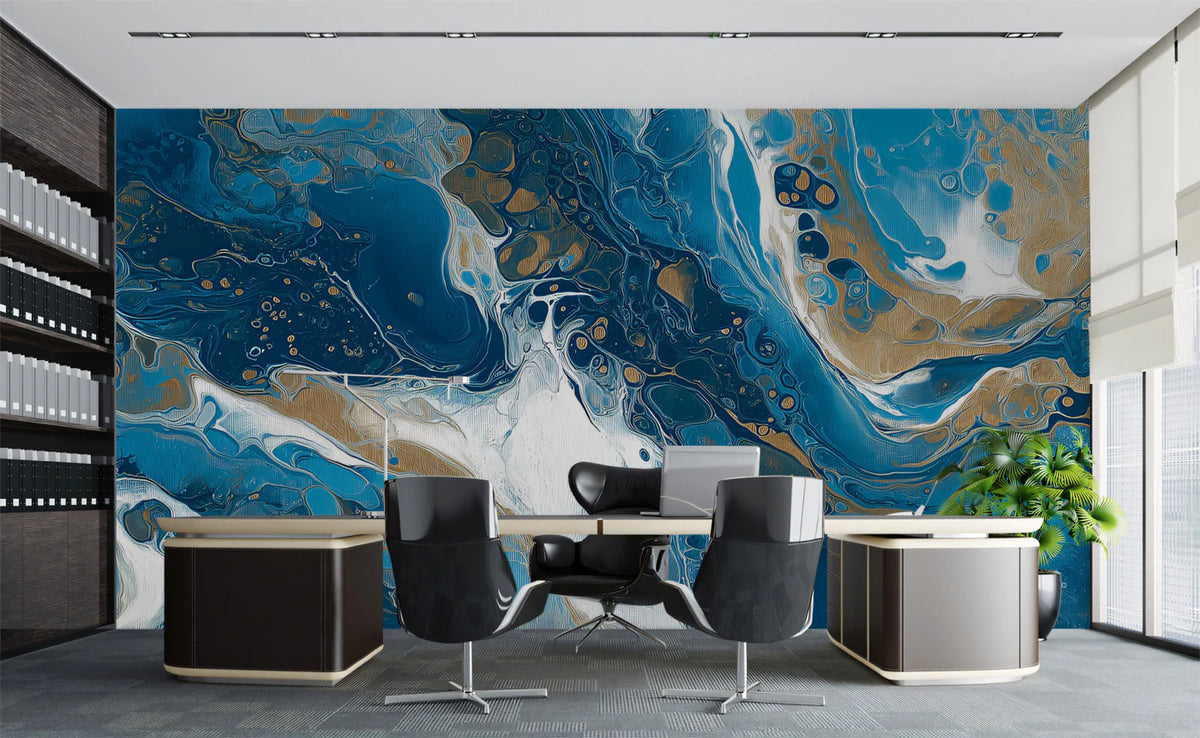 Teal and Gold Liquid Marble Mural Wallpaper — Artistic Flow Mural Wallpaper - room preview 02