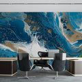 Teal and Gold Liquid Marble Mural Wallpaper — Artistic Flow Mural Wallpaper - room preview 02
