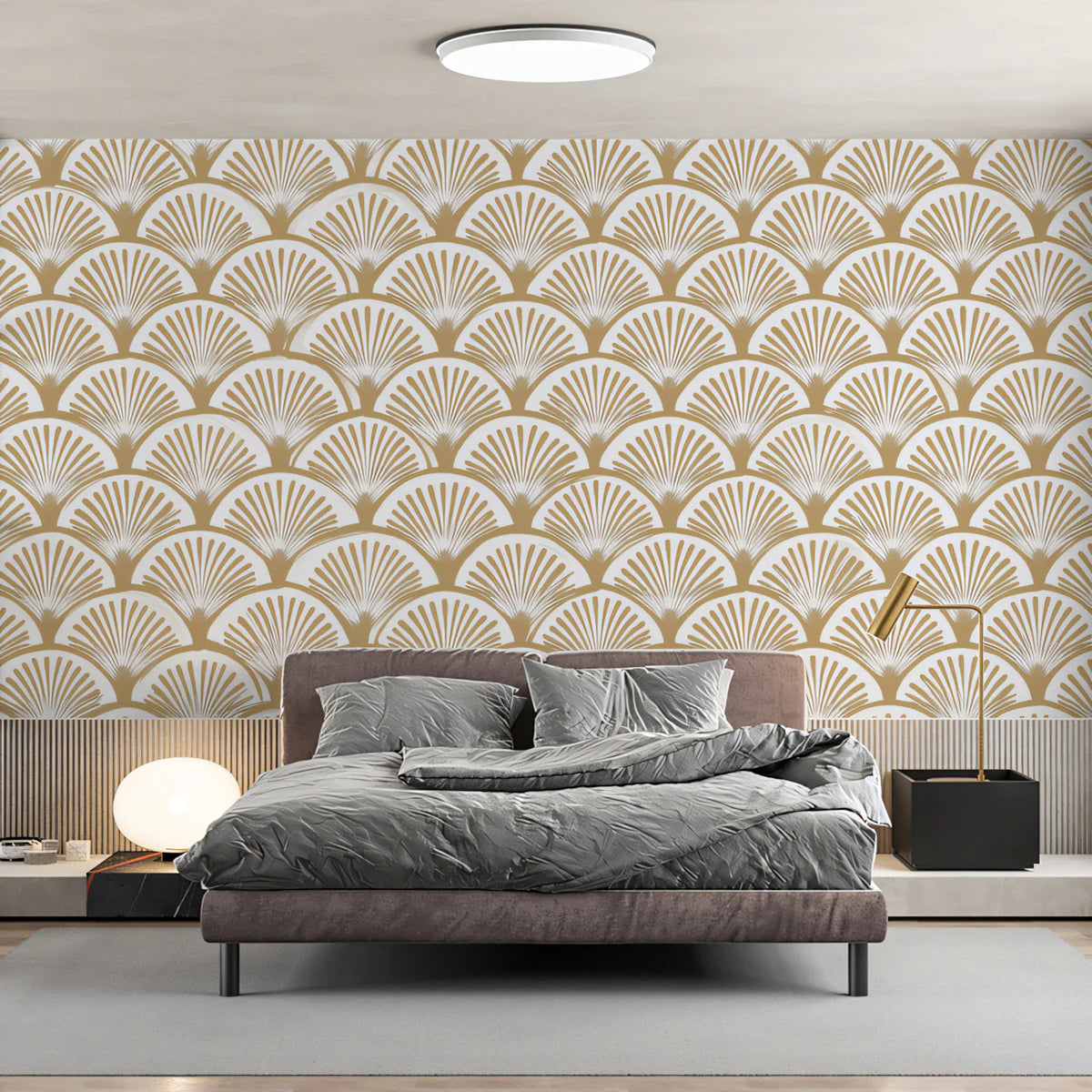 Art Deco Fan Mural Wallpaper — Geometric Bronze and Cream Pattern Mural Wallpaper - room preview 02