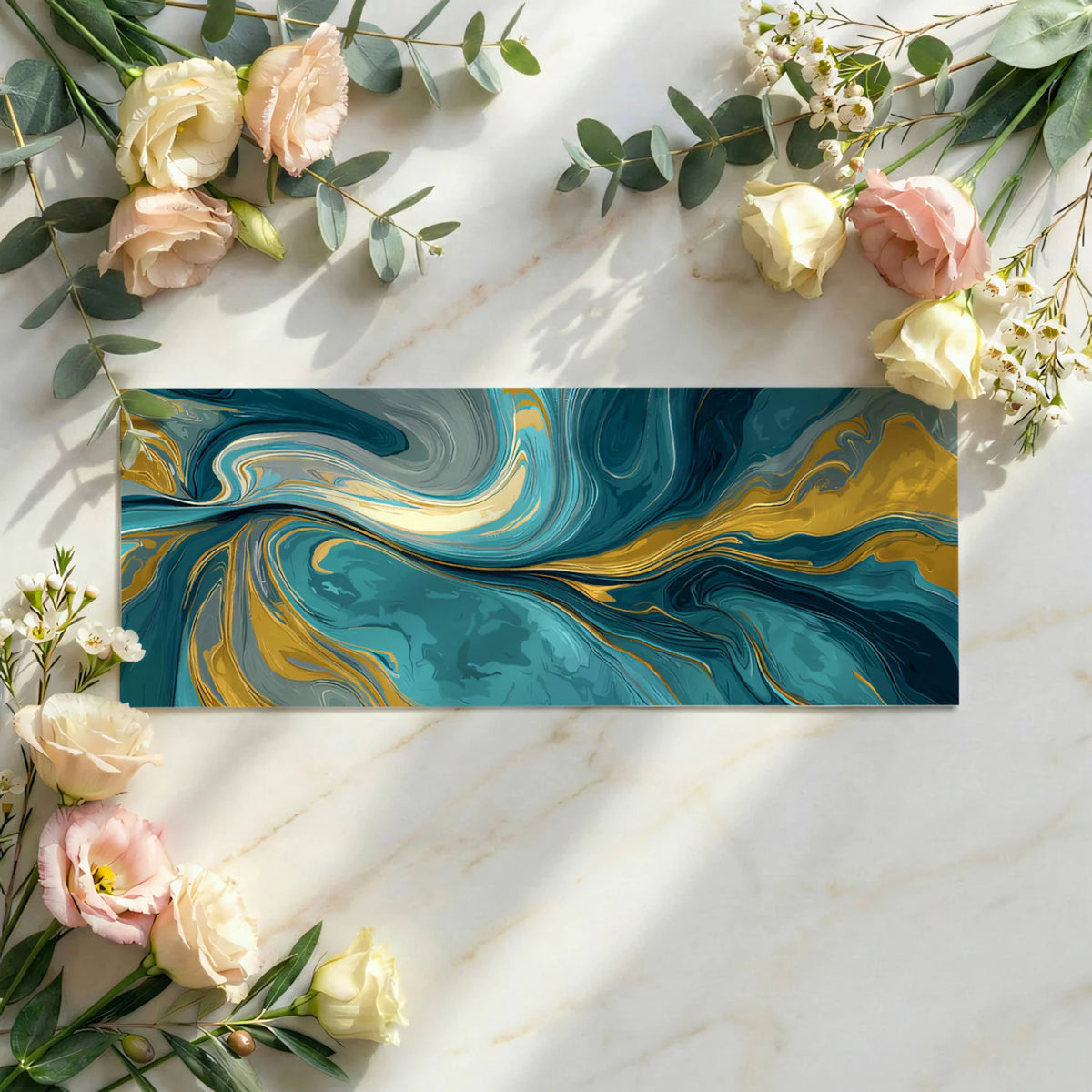 Teal and Mustard Fluid Marble Mural Wallpaper — Artistic Swirls Mural Wallpaper - room preview 02