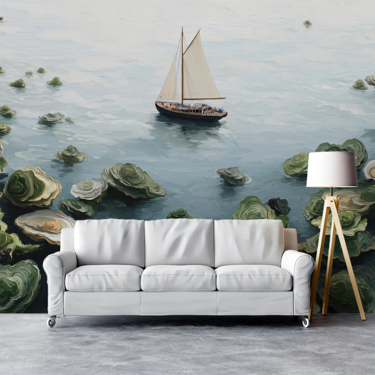 Sailboat and Oyster Shells Mural Wallpaper — Impressionist Seascape Mural Wallpaper - room preview 02