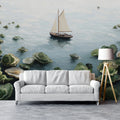 Sailboat and Oyster Shells Mural Wallpaper — Impressionist Seascape Mural Wallpaper - room preview 02
