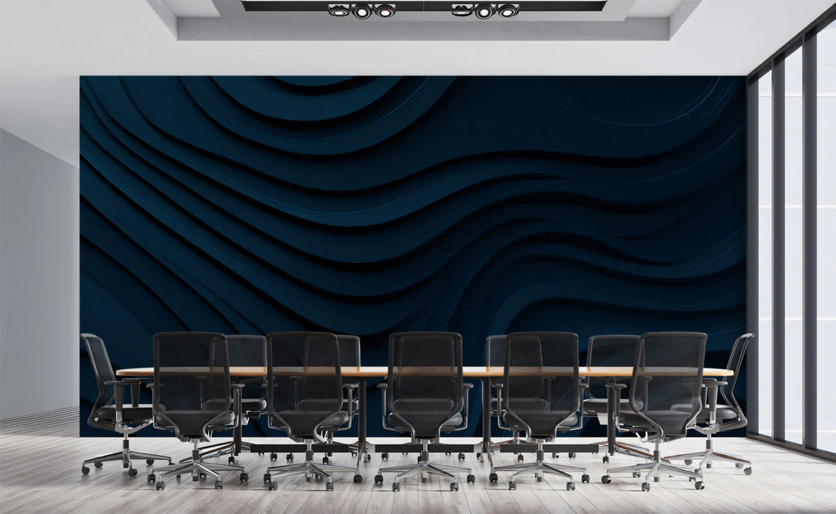 Midnight Wave Abstract Mural Wallpaper — Deep Blue 3D Texture Mural Wallpaper - room preview 02