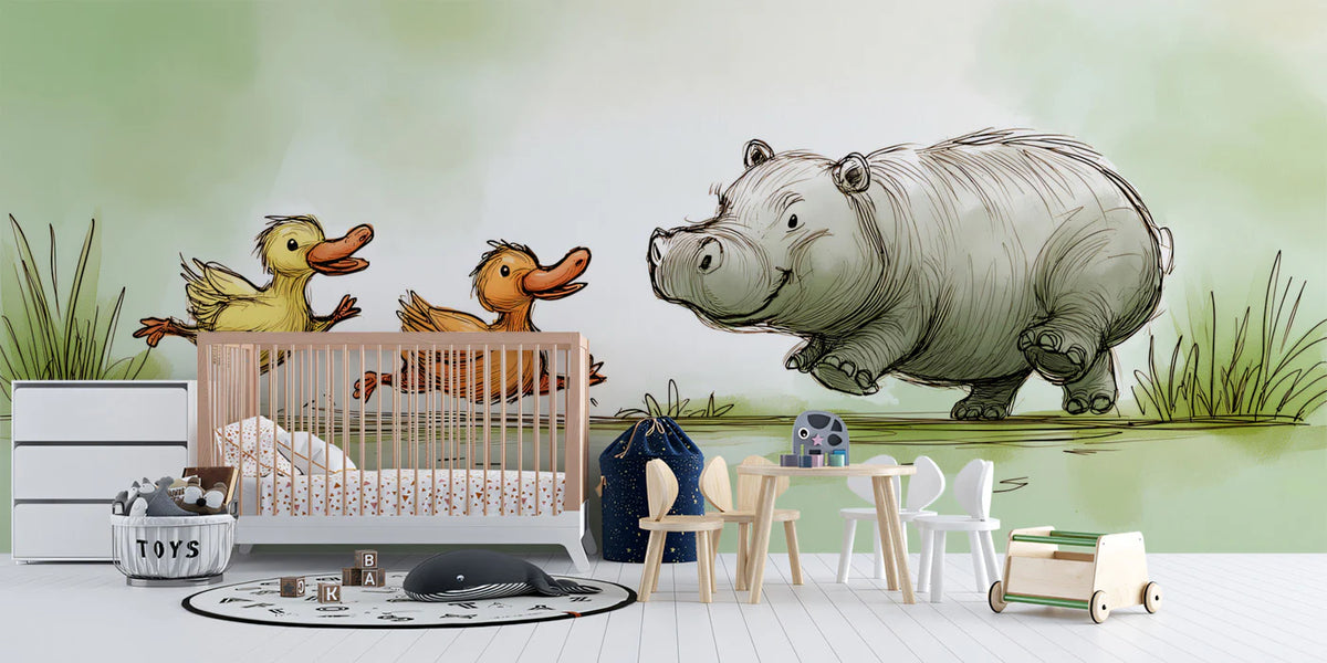 Running Hippo and Duck Friends Mural Wallpaper — Whimsical Storybook Mural Wallpaper - room preview 02