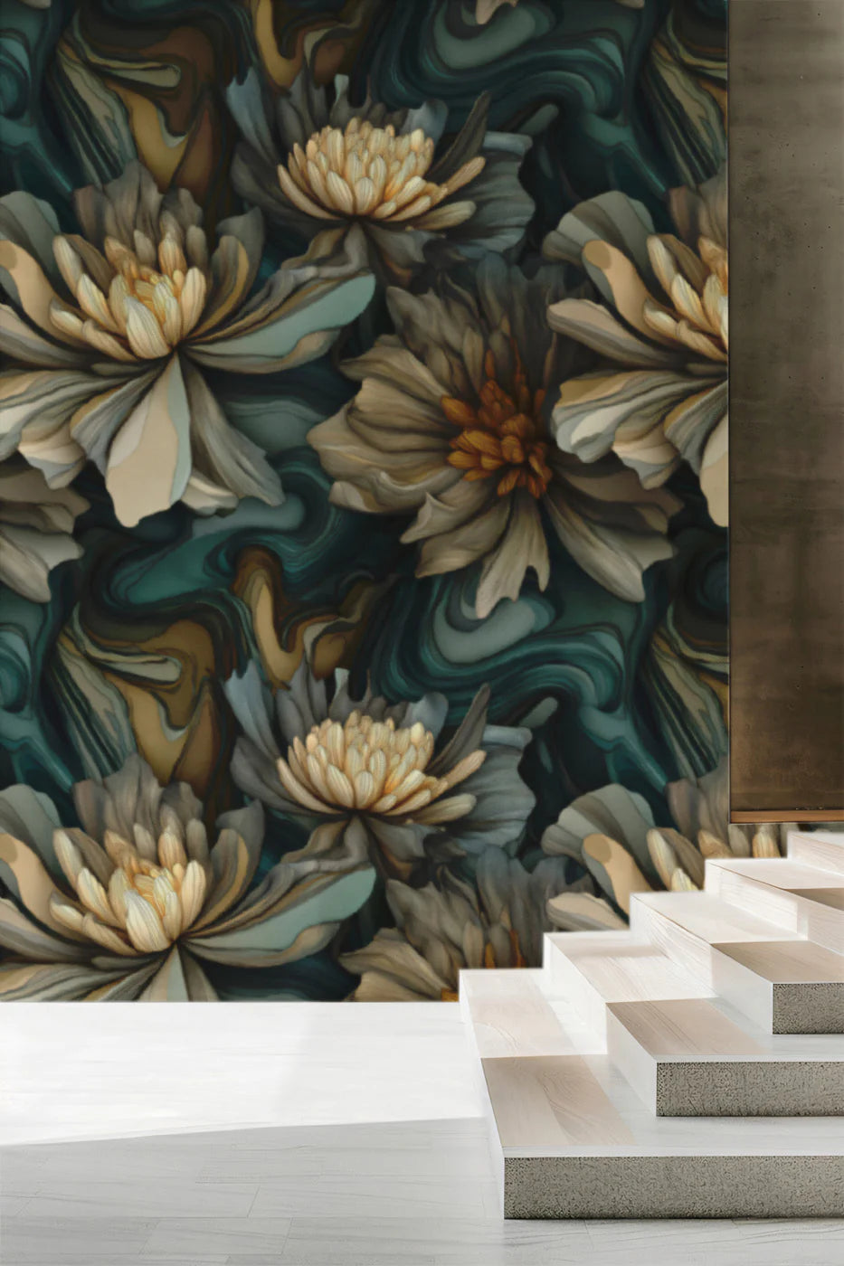 Abstract Swirling Peony Mural Wallpaper — Dark Teal and Gold Mural Wallpaper - room preview 02