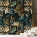 Abstract Swirling Peony Mural Wallpaper — Dark Teal and Gold Mural Wallpaper - room preview 02